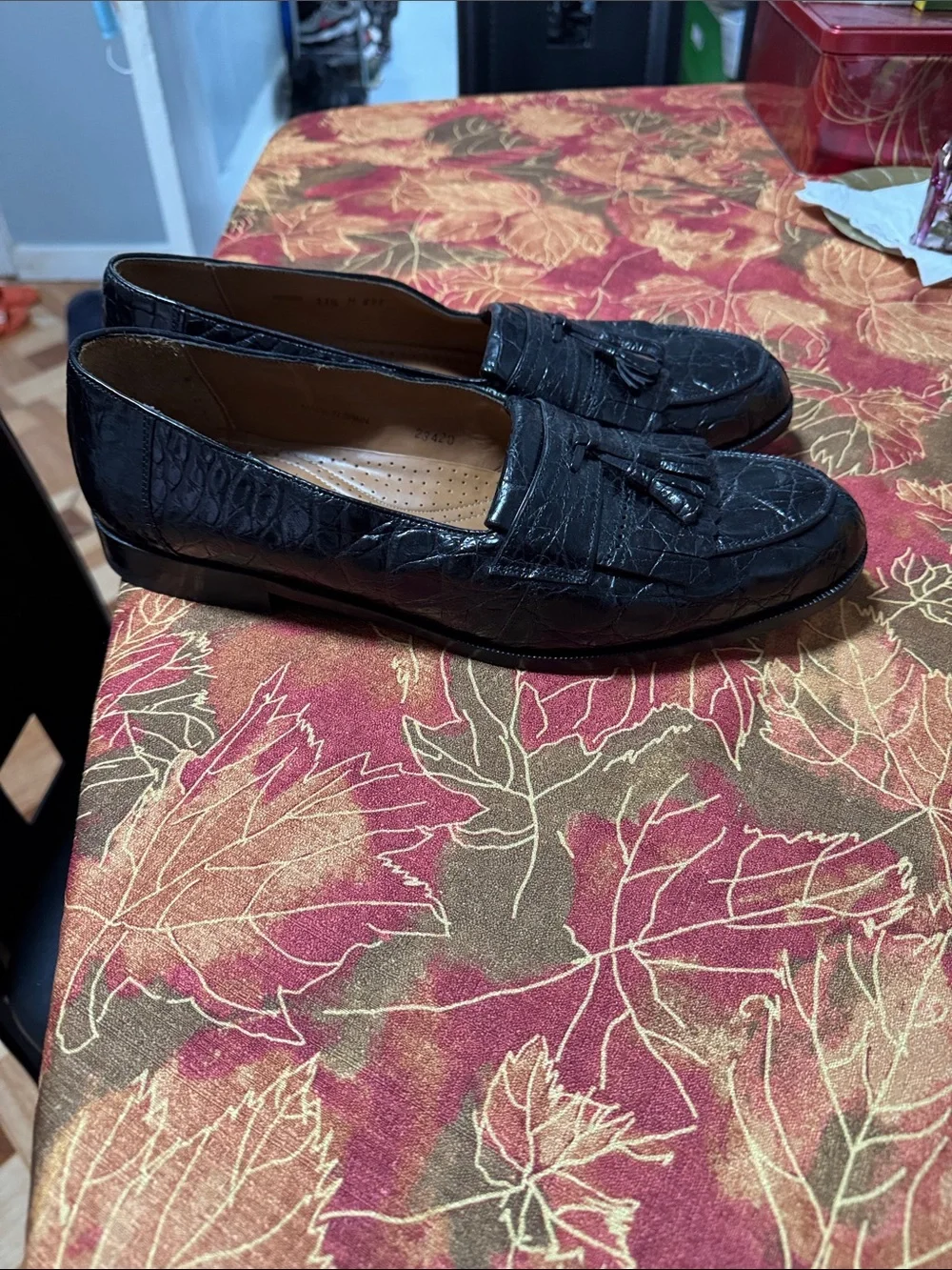 Mezlan Black Croc-Embossed Tassel Loafers. Genuine crocodile leather